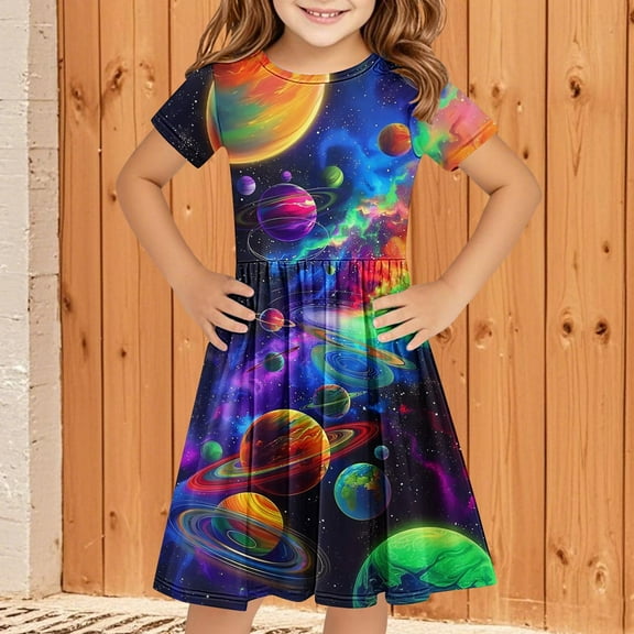 4-14 Years Girls Dresses Short Sleeve Kids Summer Cotton Casual A-Line Dress Girdle Tiered Swing Festive Dress for Girls Multicolor 9-10 Years