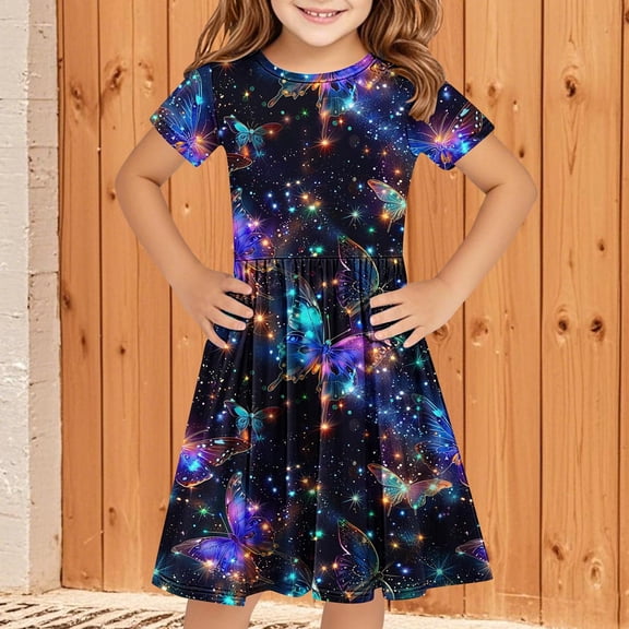 4-14 Years Girls Dresses Short Sleeve Kids Summer Cotton Casual A-Line Dress Girdle Tiered Swing Festive Dress for Girls Multicolor A 4-5 Years