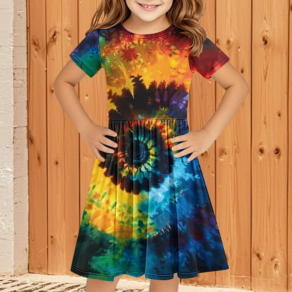 4-14 Years Girls Dresses Short Sleeve Kids Summer Cotton Casual A-Line Dress Girdle Tiered Swing Festive Dress for Girls Multicolor C 5-6 Years