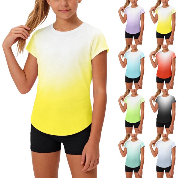4-14T Girls Quick Dry T Shirts Short Sleeve Cool Summer Workout Tops Gradient Color Crew Neck Running Jogging Hiking Casual Pullover Shirts