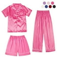 thumbnail image 1 of 4-14T Kids Satin Pajamas Sets Girls Boys Button-Down Pjs Short Sleeve Silk Nightwear 3 Piece Lounge Sets, 1 of 1