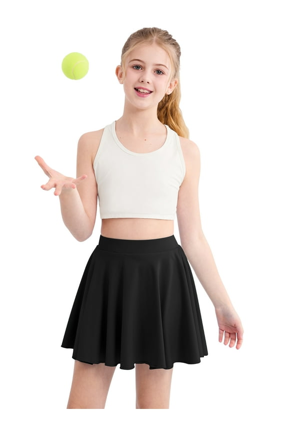 4-14Y Girls Casual Skorts Mini Skirts with Shorts Liner Solid Color Athletic Shorts Culottes Pleated Skater Skirt For Erveryday, Streetwear, School, Sports, Dance