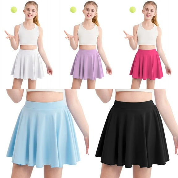 4-14Y Girls Casual Skorts Mini Skirts with Shorts Liner Solid Color Athletic Shorts Culottes Pleated Skater Skirt For Erveryday, Streetwear, School, Sports, Dance