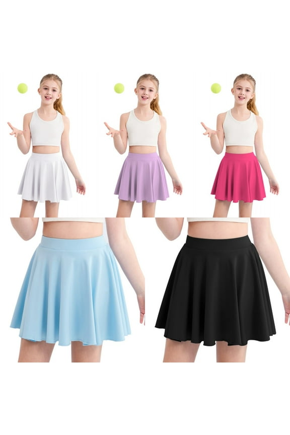 4-14Y Girls Casual Skorts Mini Skirts with Shorts Liner Solid Color Athletic Shorts Culottes Pleated Skater Skirt For Erveryday, Streetwear, School, Sports, Dance