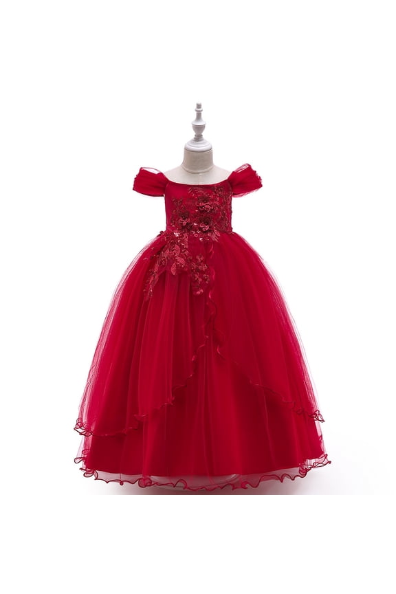 4-14Y Girls Princess Dress Flower Embroidery Lace Pageant Dress Prom Ball Gown