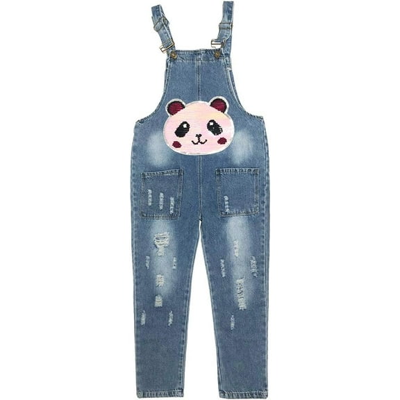 4-14Years Spring Autumn Girls Denim Overalls Big Girls Jumpsuit&Rompers Sequin Panda Pants,Panda,5-6Years