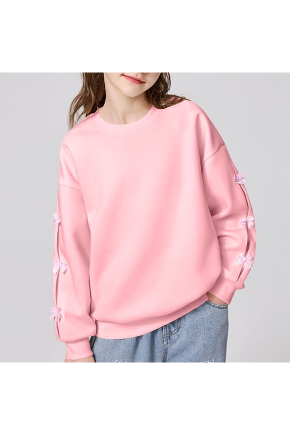 4-15Y Unisex Boys Girl Solid Color Basic Crewneck Sweatshirts Long Sleeve Jersey Pullover Pink 13-14 Years