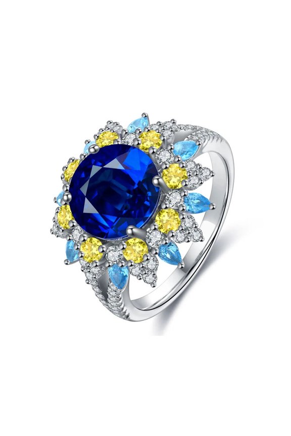 4.15ct Round Cut Lab-Created Blue Sapphire and Sky Blue, Yellow, White Zircon Engagement Wedding Ring in 925 Sterling Silver for Her – Elegant and Timeless Jewelry