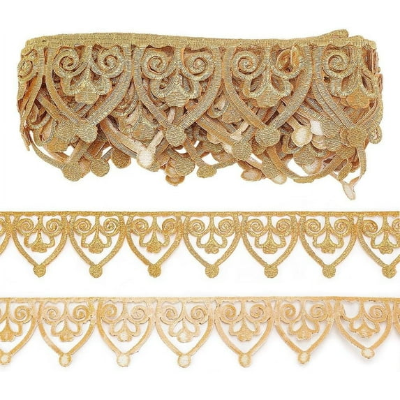 4.16 Yards 2-3/8 inch Gold Embroidery Polyester Ribbons Iron on Metallic Flower Lace Embroidered Floral Craft Lace Trim Applique for Clothing DIY Home Decor Accessories