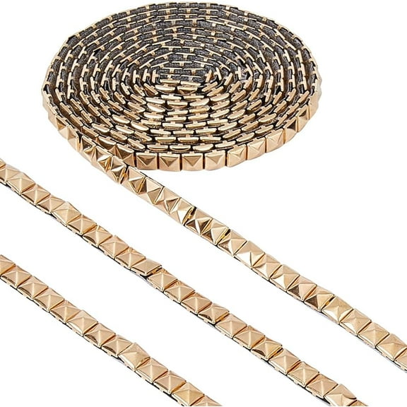 4.16 Yards 8mm Wide Hot Fix Nailhead Trim Metal Brass Iron on Nailhead Trim Strip Square Pyramid Studded Decorative Upholstery Nailhead Applique Trim for DIY Clothes Bags Light Gold