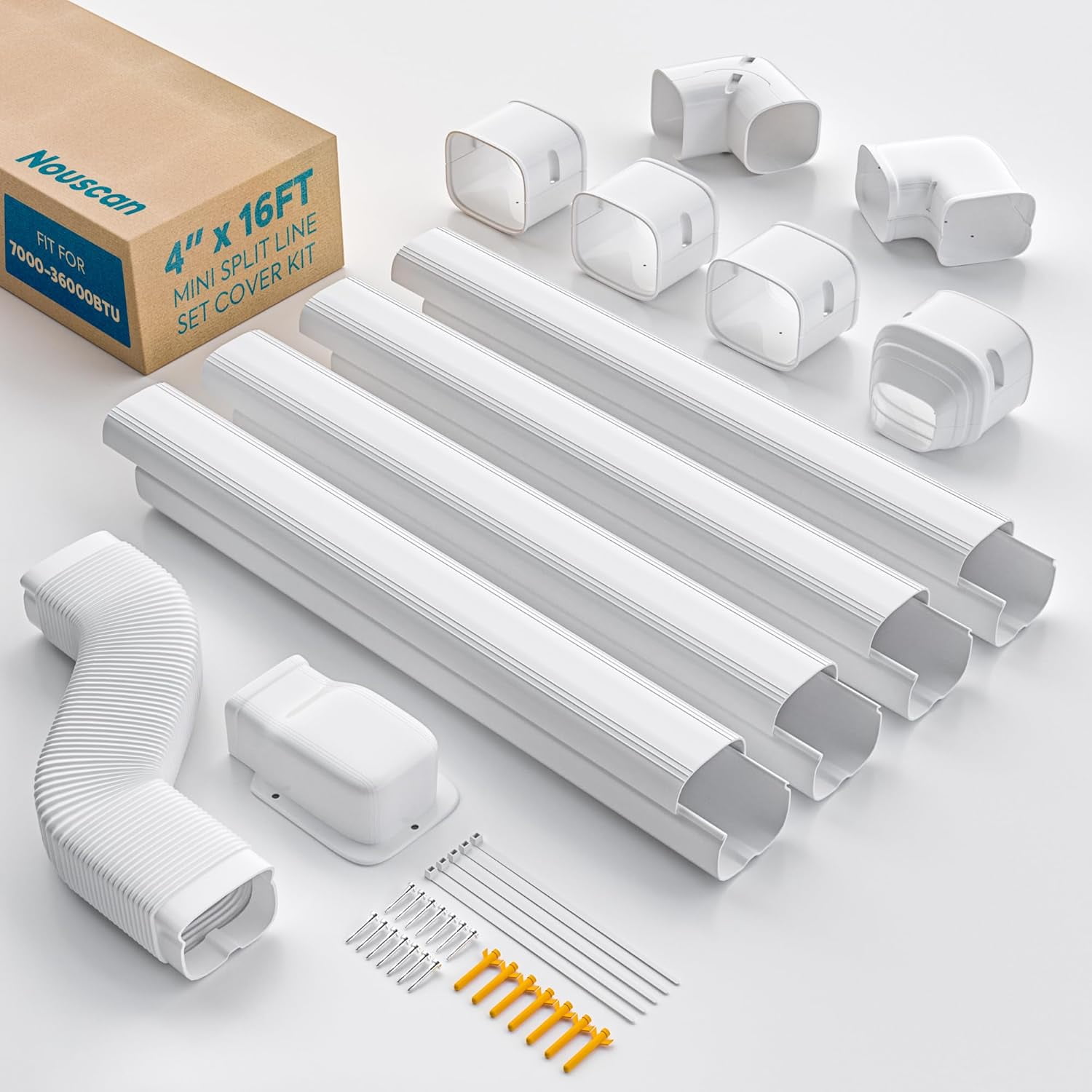 4" 16Ft Mini Split Line Set Cover with Flexible Duct, Upgrade PP Decorative Paintable Lineset Cover Kit, 39.37" Per Straight Duct, for Minisplit, Air Conditioner, Central AC, HAVC