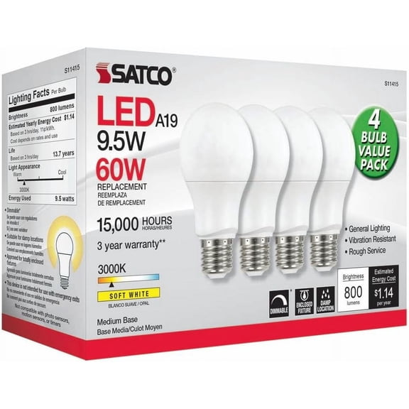 4.17 Inch 9.5W A19 LED Medium Base Replacement Lamp (Pack of 4)-3000 Color Temperature-Frosted Finish