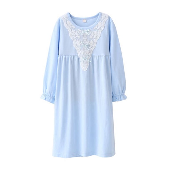 4-17T Teens Girls Princess Lace Nightgowns Long Sleeve Sleepwear Dress Loose Sleepshirt Dress Homewear