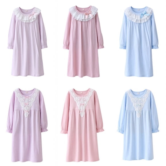 4-17T Teens Girls Princess Lace Nightgowns Long Sleeve Sleepwear Dress Loose Sleepshirt Dress Homewear