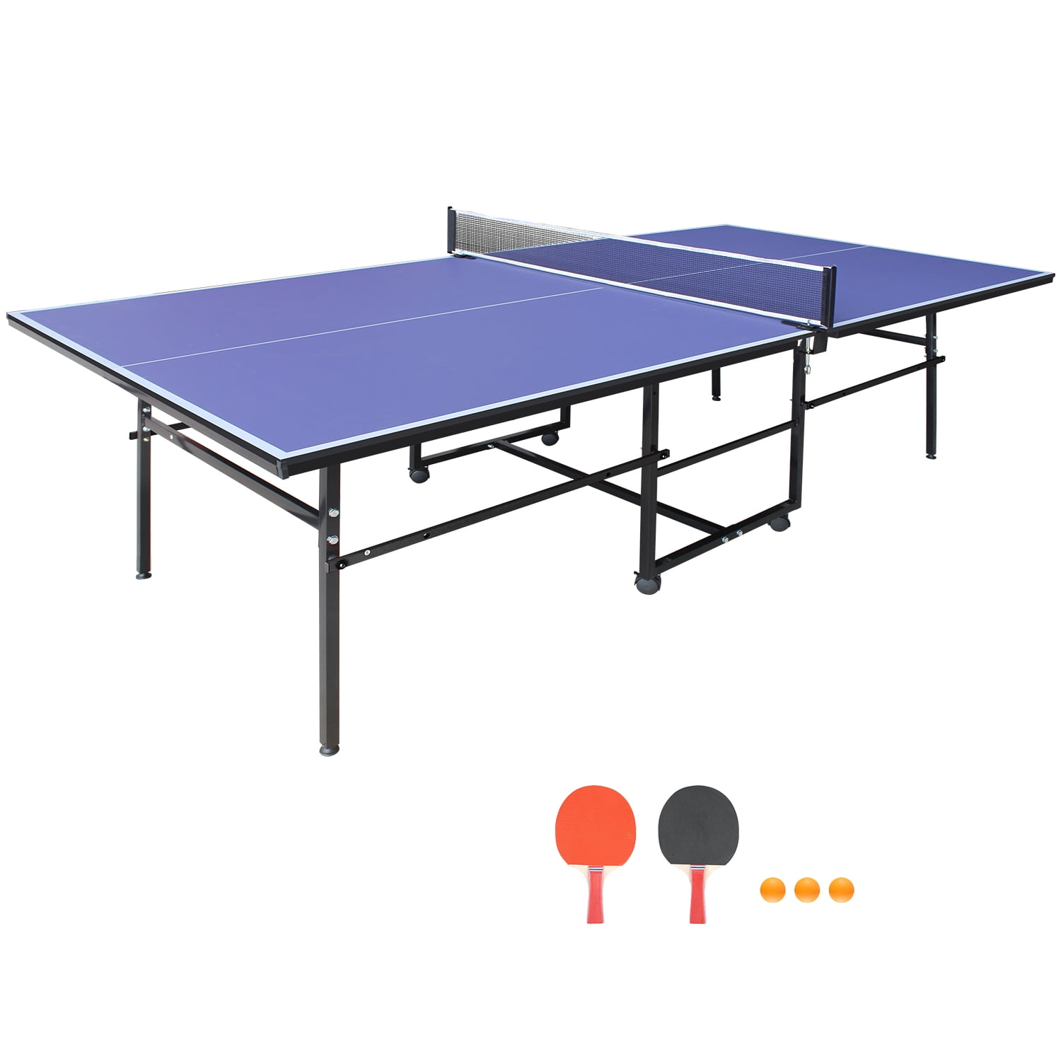 4.1ft Mid-Size Table Tennis Table Foldable & Portable Ping Pong Table Set for Indoor Games with Net, 2 Table Tennis Paddles and 3 Balls
