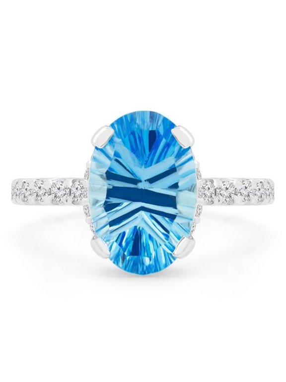 4.2 CTW Oval Blue Topaz Laser Cut Under Halo Engagement Ring in 14K White Gold
