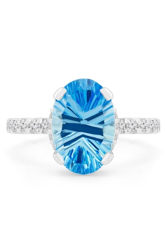4.2 CTW Oval Blue Topaz Laser Cut Under Halo Engagement Ring in 14K White Gold