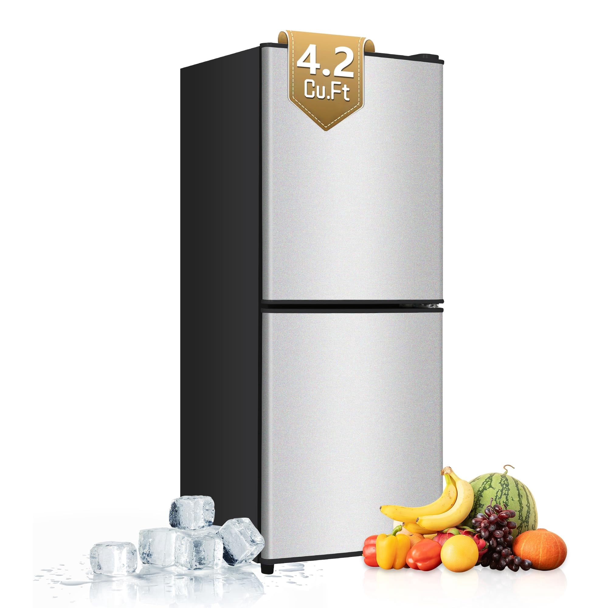 4.2 Cu.Ft Small Fridge with Freezer, 7 Level Adjustable Thermostat, 2 Door Design, Removable Glass Shelves, Quiet 38dB Energy Saving for Dorm Office Kitchen, Silver