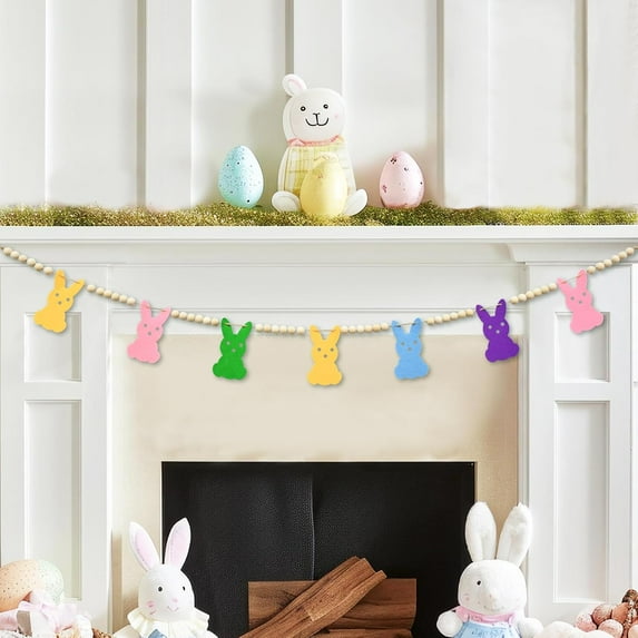 4.2 FT Wooden Beads Garland with Colorful Bunny Charms, Spring Rabbit Beaded Tiered Tray Decor, Rustic Farmhouse Easter Banner for Shelf Fireplace Wall Display