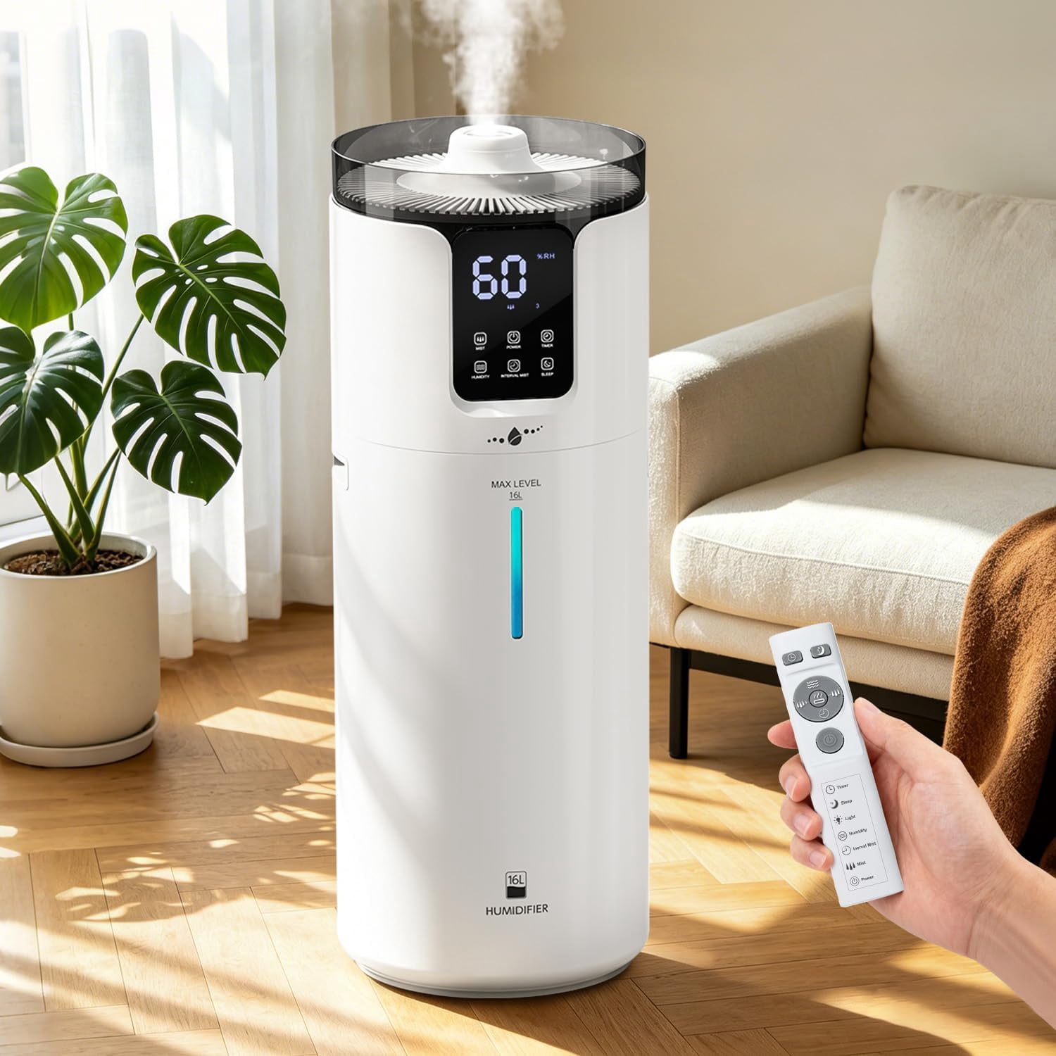 Lacidoll Whole House Humidifier for home, 16L/4.2gal, 1500 Sq.ft., Ultrasonic Cool Mist Humidifier for Room, White