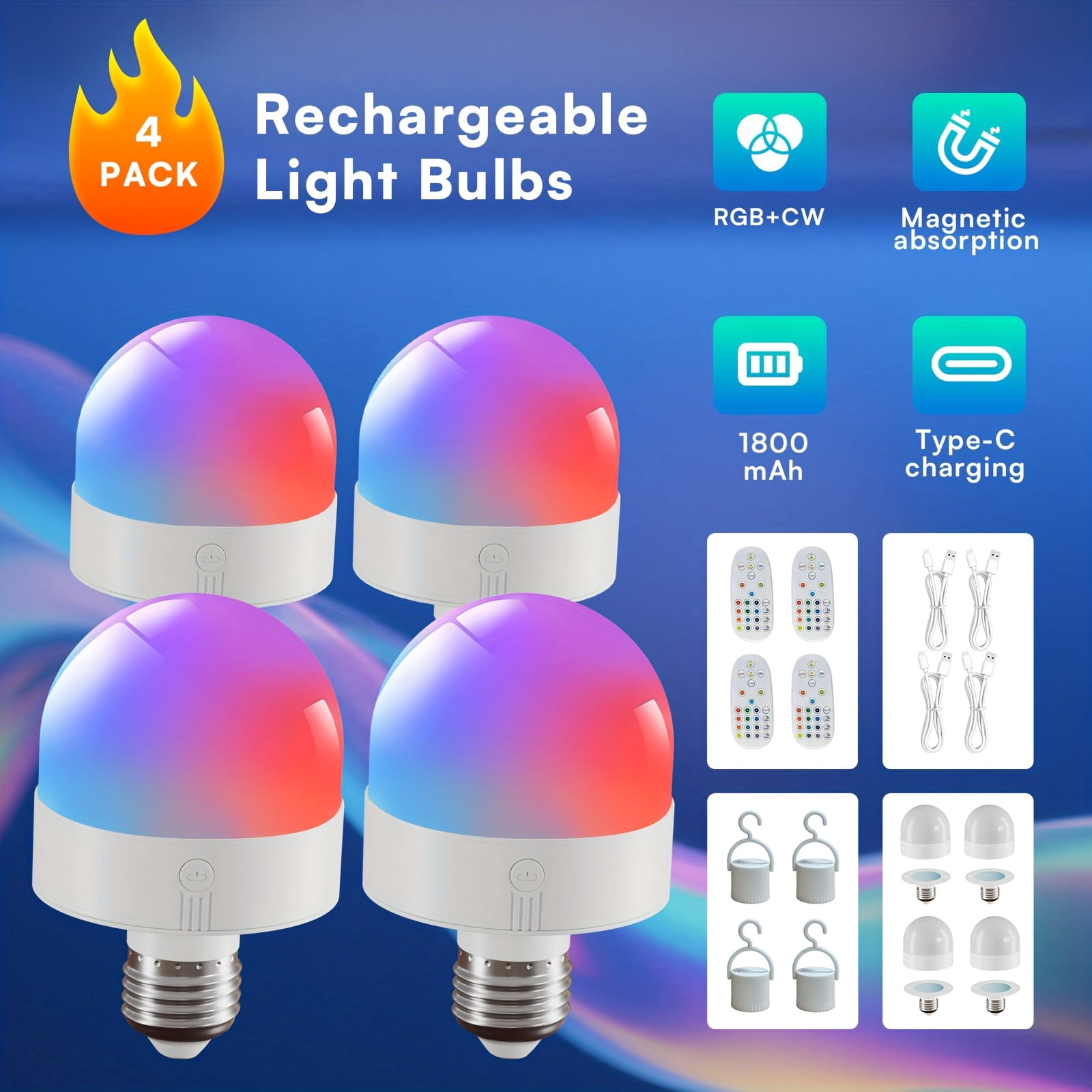 4 2 Pack Rechargeable LED Light Bulb with Remote Control, USB Charging ...