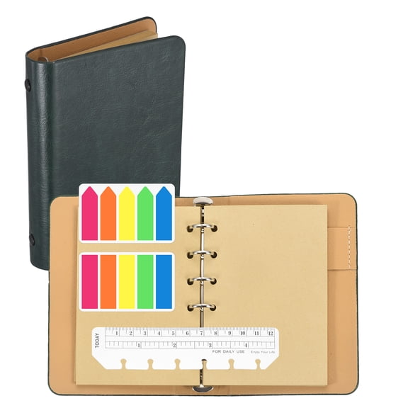 4.2 x 5.8" Kraft Pages 6 Ring Binder, Leather Notebook with Transparent Bookmark Ruler and Colorful Index Sticky Tabs for Office Study Work, Forest Green