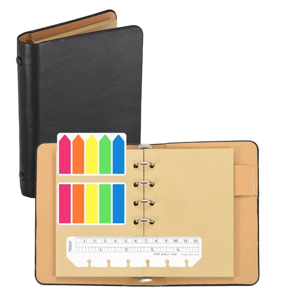 4.2 x 5.8" Kraft Pages 6 Ring Binder, Leather Notebook with Transparent Bookmark Ruler and Colorful Index Sticky Tabs for Office Study Work, Black