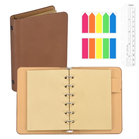 4.2 x 5.8" Kraft Pages 6 Ring Binder, Leather Notebook with Transparent Bookmark Ruler and Colorful Index Sticky Tabs for Office Study Work, Coffee