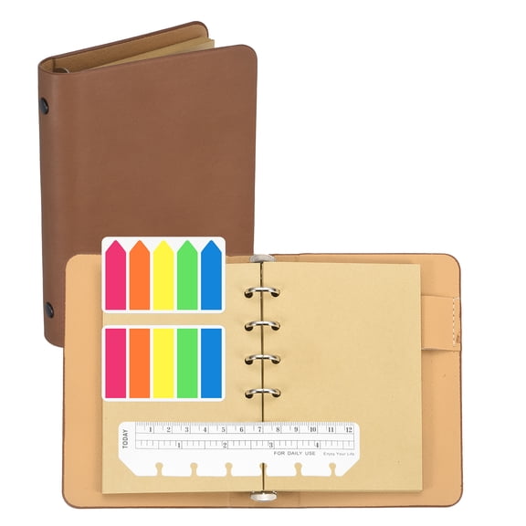 4.2 x 5.8" Kraft Pages 6 Ring Binder, Leather Notebook with Transparent Bookmark Ruler and Colorful Index Sticky Tabs for Office Study Work, Coffee