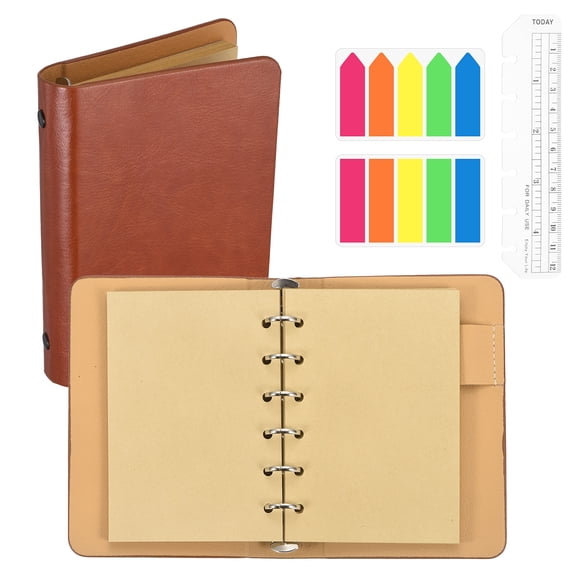 4.2 x 5.8" Kraft Pages 6 Ring Binder, Leather Notebook with Transparent Bookmark Ruler and Colorful Index Sticky Tabs for Office Study Work, Cognac