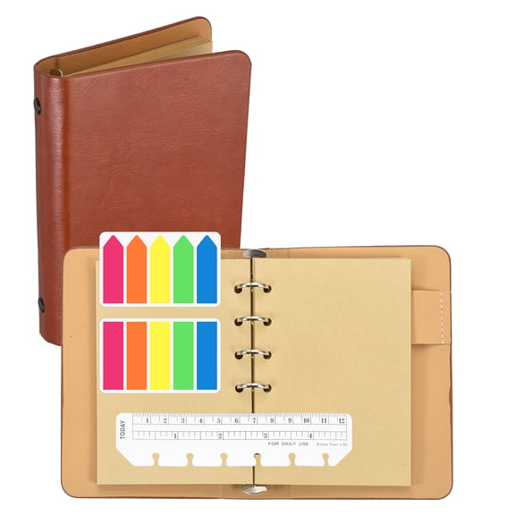 4.2 x 5.8" Kraft Pages 6 Ring Binder, Leather Notebook with Transparent Bookmark Ruler and Colorful Index Sticky Tabs for Office Study Work, Cognac