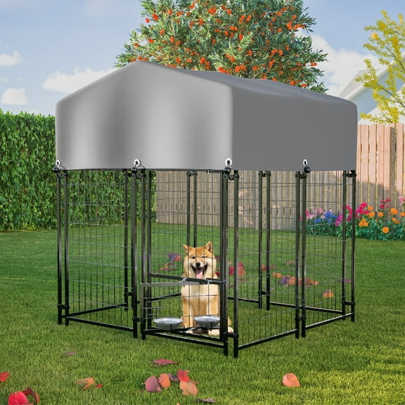 4.2'x3.8'x4.8' Outdoor Dog Kennel with Roof, Welded Wire Dog Kennel Outside Run with 360° Rotating & 2 Bowls, for S&M&L Breeds, Chickens, Ducks