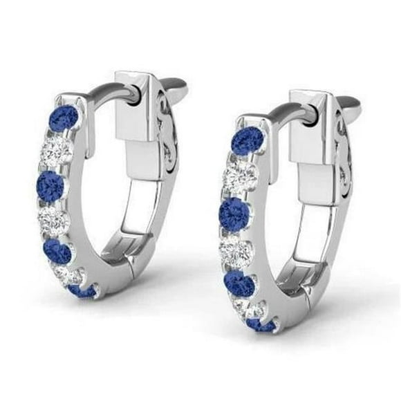 4.20 CT Ceylon Sapphire Diamond Ladies Hoop Earring, 14K White Gold