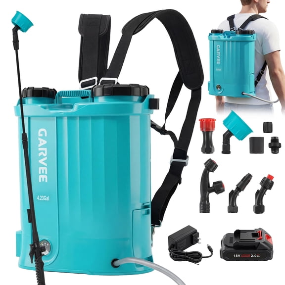 4.23 Gallon Battery Powered Backpack Sprayer, 0-65 PSI Adjustable Pressure, Electric Sprayer with 5 Nozzles and 1 Wands, 18V 2Ah Battery, Wide Mouth Lid for Weeding, Spraying