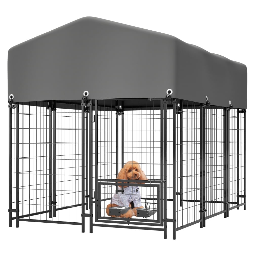 4.23'x5.82'x4.83'  Outdoor Dog Crate with Rotating Feeder & Roof - Heavy Duty Welded Wire, Waterproof Cover for Medium/Large Breeds