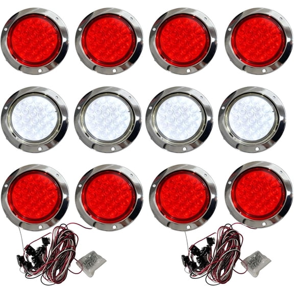 4 in 24 LED Round Stop Turn Tail Brake Light, Set of 12, Tail Light/Running Reverse Lamps for Truck Trailer Boat, Universal for Any 12V Trucks, 8 Red+4 White