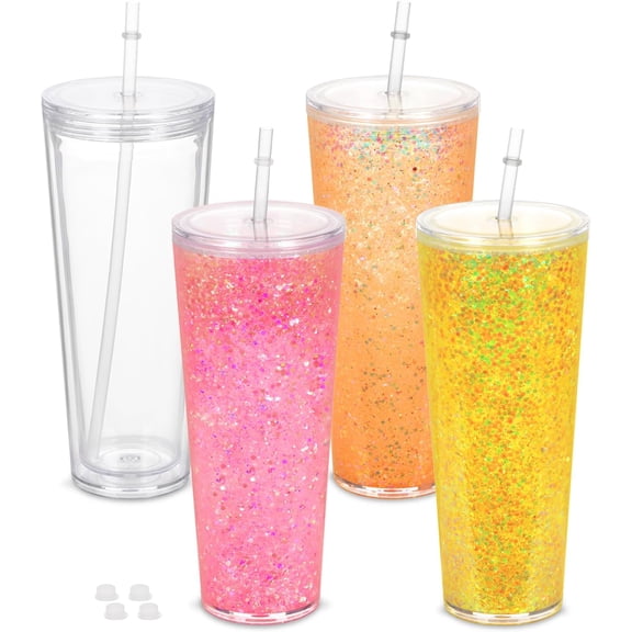 4 24Oz Globe Tumblers, Double Wall Snowglobe Cup with Pre Drilled Hole, , Straws and Plug, Clear Tumbler for Globe Glitter DIY