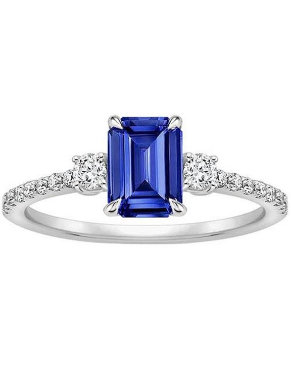 4.25 CT 3 Stone Accented Ceylon Sapphire & Diamond Engagement Ring, Size 6.5