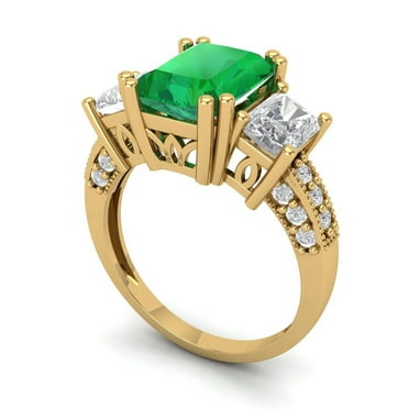 4.27 Ct Emerald Cut Emerald Three-Stone Ring in Solid 14K Yellow Gold Size 7.25