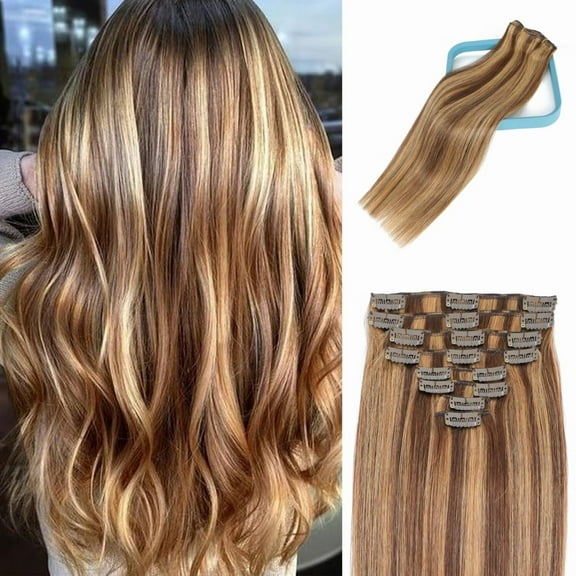 4/27# Straight Clip In Hair Extensions Human Hair 8pcs/set 80-100g Per Set With 18Clips Double Weft Clip In Human Hair Extensions Brown Highlights Blonde Color For WomenEasy Application
