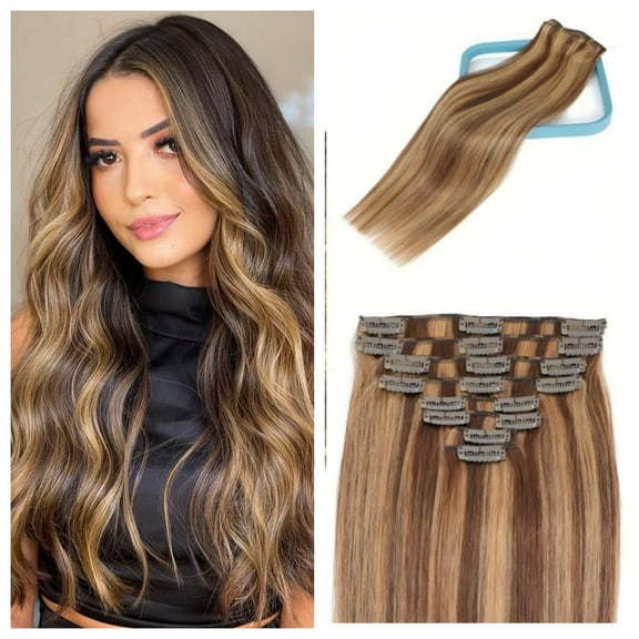 4/27# Straight Clip In Hair Extensions Human Hair 8pcs/set 80-100g Per Set With 18Clips Double Weft Clip In Human Hair Extensions Brown Highlights Blonde Color For WomenEasy Application