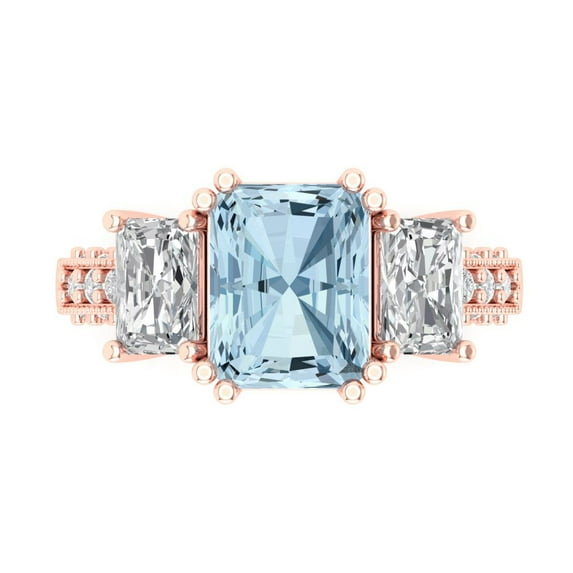 4.27 ct Emerald Cut Natural Sky Blue Topaz 3 Stone 14K Rose Gold Womens Engagement Ring