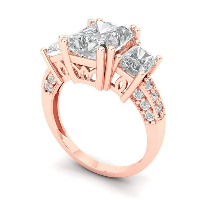 4.27 ct Brilliant Emerald Cut White Sapphire 14K Rose Gold Solitaire with Accents Three-Stone Bridal Wedding Engagement Promise Anniversary Ring for Women size 9.25