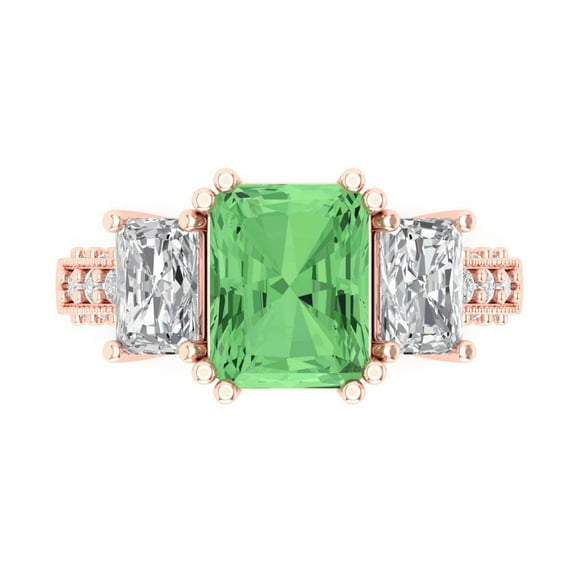 Three-Stone Engagement Ring for Women - 4.27ct Simulated Green Diamond in 14K Rose Gold Promise Ring