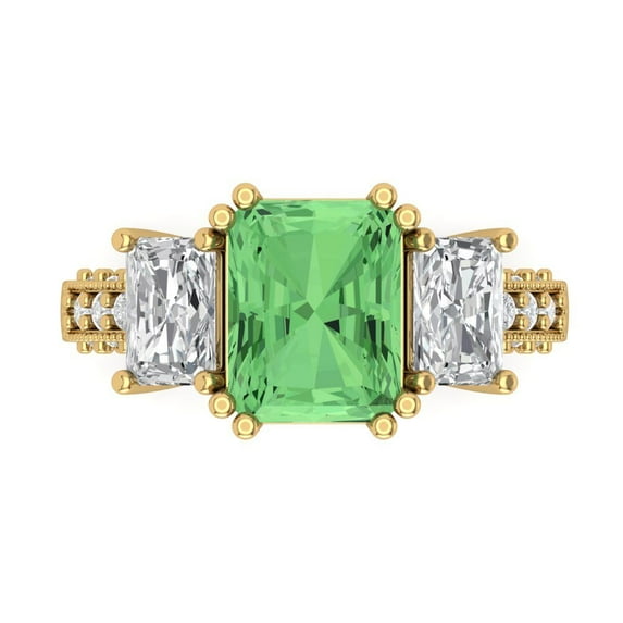 Three-Stone Engagement Ring for Women - 4.27ct Simulated Green Diamond in 14K Yellow Gold Promise Ring