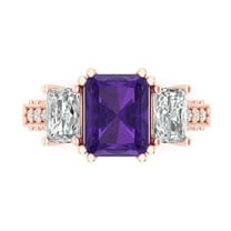4.27 ct Emerald Cut Natural Amethyst 3 Stone 18K Rose Gold Womens Engagement Ring