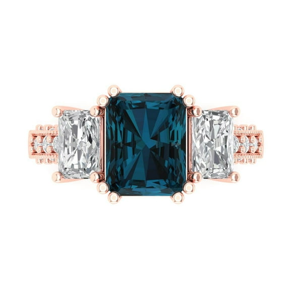 4.27 ctw 3 Stone Anniversary Ring for Women | Emerald Cut Natural London Blue Topaz | Hyperallergenic Solid 18K Rose Gold