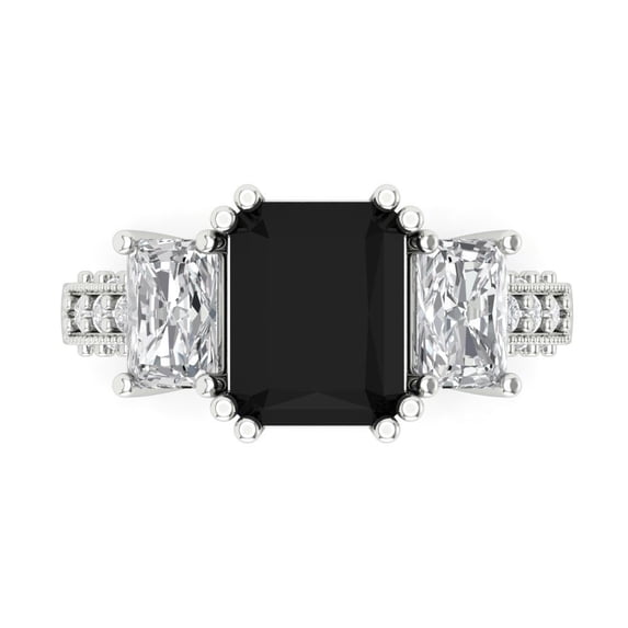 4.27 ct Emerald Cut Natural Onyx 3 Stone 14K White Gold Womens Engagement Ring