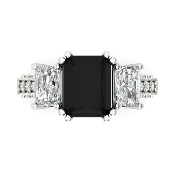 4.27 ct Emerald Cut Natural Onyx 3 Stone 14K White Gold Womens Engagement Ring