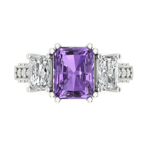 4.27 ct Emerald Cut Simulated Alexandrite 3 Stone 14K White Gold Womens Engagement Ring